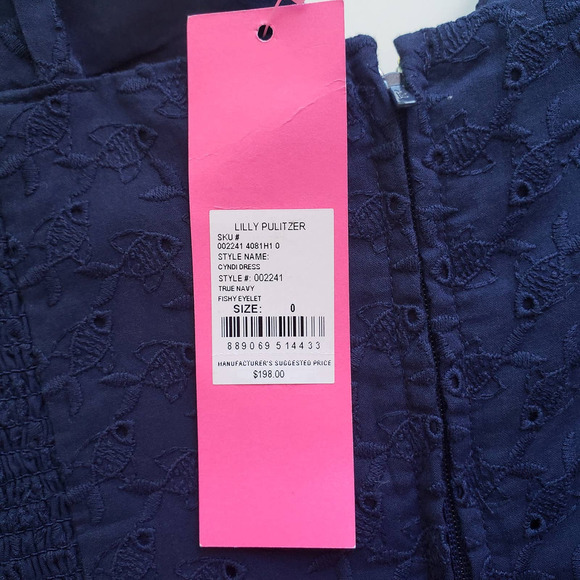 New Lilly Pulitzer 0 Cyndi Fishy Eyelet Lace Fit & Flare Dress Navy Blue Cotton - Picture 14 of 14